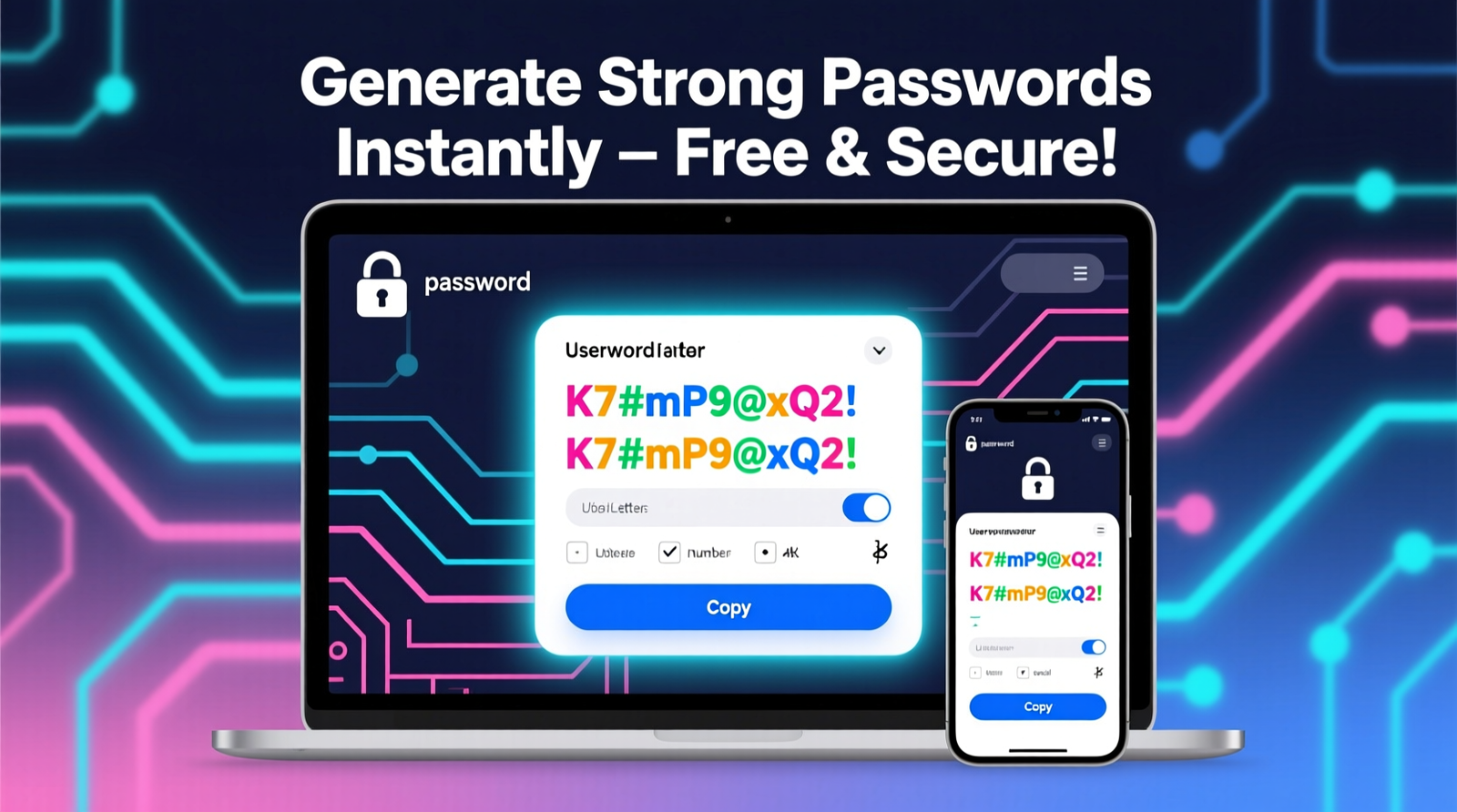 A clean and modern digital illustration of a secure online password generator interface on a laptop and smartphone screen, showing colorful generated passwords, copy button, checkboxes for uppercase, numbers, and symbols, with a padlock icon and abstract tech background, bright and user-friendly style. Add bold overlay text 'Generate Strong Passwords Instantly – Free & Secure!